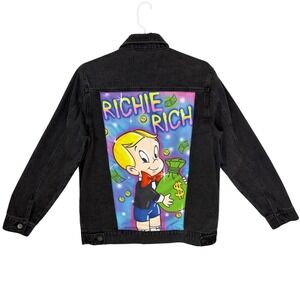 Richie Rich Mens Black Denim Graphic Trucker Jacket Small 7RCH70050NV